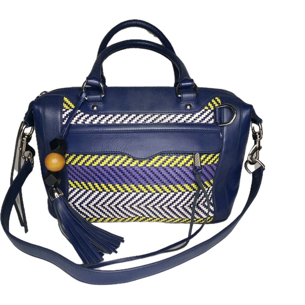 REBECCA MINKOFF Mab Blue Purple Weave Leather Satchel Bag Woven Tribal Beads